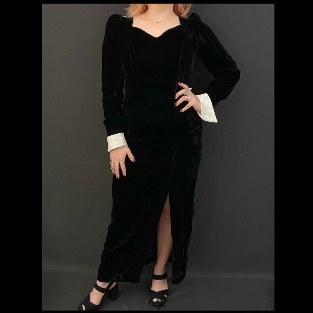 80s Jordan Black Velvet Satin Low Back Long Sleeve Formal Dress